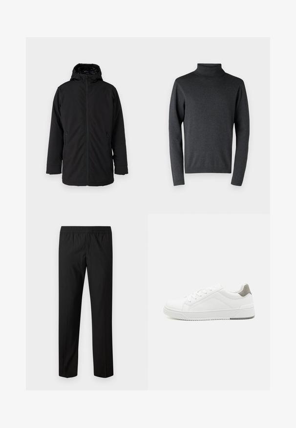 Chaqueta negra con capucha, con un cierre frontal, dos bolsillos laterales con cremallera y una textura de tela suave y mate. Presenta un interior forrado.; Jersey de cuello alto gris oscuro, hecho de material suave, con mangas largas y puños y dobladillo acanalados, con una textura lisa y uniforme.; Pantalones negros de pierna recta con cintura elástica, sin bolsillos visibles ni adornos.; Zapatilla blanca con material de cuero liso, punta redonda, diseño minimalista, acento gris en el talón y suela de goma texturizada.