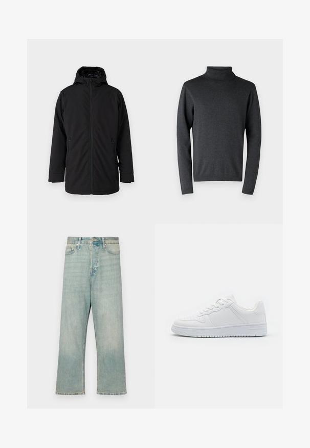 Chaqueta negra con capucha, con un cierre frontal, dos bolsillos laterales con cremallera y una textura de tela suave y mate. Presenta un interior forrado.; Jersey de cuello alto gris oscuro, hecho de material suave, con mangas largas y puños y dobladillo acanalados, con una textura lisa y uniforme.; Jeans de mezclilla azul claro con un corte relajado, piernas rectas y un acabado desgastado; cuenta con un cierre clásico de botón y cremallera.; Zapatillas blancas hechas de material sintético liso, con cordones planos, puntera perforada y suela de goma con un patrón de agarre texturizado.