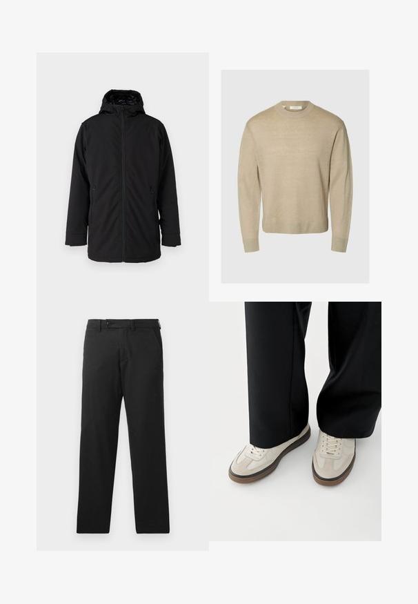 Schwarze Kapuzenjacke mit einem Reißverschluss auf der Vorderseite, zwei seitlichen Reißverschlusstaschen und einer glatten, matten Stoffoberfläche. Besitzt ein gefüttertes Innenfutter.; Beiger Langarmpullover mit Rundhalsausschnitt, gerippten Bündchen und Bund, dargestellt auf einem schlichten hellgrauen Hintergrund.; Schwarze Hose aus Baumwollmischgewebe mit geradem Bein, Knopfverschluss und nahtlosen Seitentaschen.; Füße mit beigen Sneakers mit braunen Sohlen und schwarzen Hosen mit weitem Bein auf weißem Hintergrund.