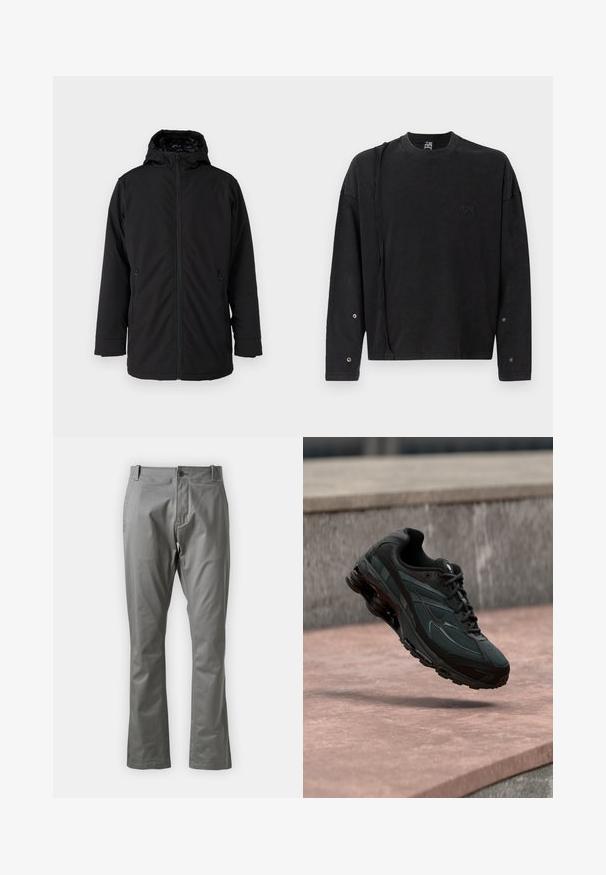 Sort hættetrøje med en frontrender, to lynlåslommer på siderne og en glat, mat stofoverflade. Har et foret indre.; Sort langærmet sweatshirt med rund hals, der har et subtilt logo foran og trykknapdetaljer på ærmerne, lavet af blødt stof.; Grå bukser lavet af glat stof, med en knap- og lynlåslukning, lige ben design og diskrete lomme detaljer.; Sort atletisk sneaker med synligt luftdæmpende mellemsål, der svæver over en pink stenoverflade med en grå stenvæg i baggrunden.