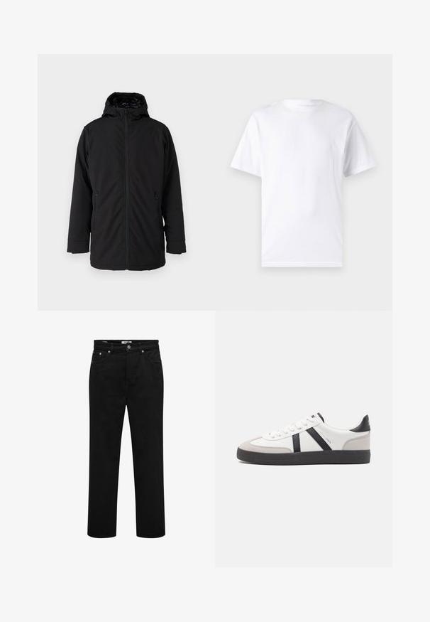 Chaqueta negra con capucha, con un cierre frontal, dos bolsillos laterales con cremallera y una textura de tela suave y mate. Presenta un interior forrado.; Camiseta blanca de manga corta hecha de algodón con cuello redondo, que presenta una textura suave y un diseño simple sin patrones ni acentos.; Vaqueros negros de corte recto, con bolsillos delanteros, trabillas para cinturón, cierre de botón y detalles de costuras visibles.; Zapatilla blanca con acentos en negro y gris, que presenta una puntera texturizada en gris, suela de goma negra y cordones planos blancos. Diseño limpio, estilo minimalista.