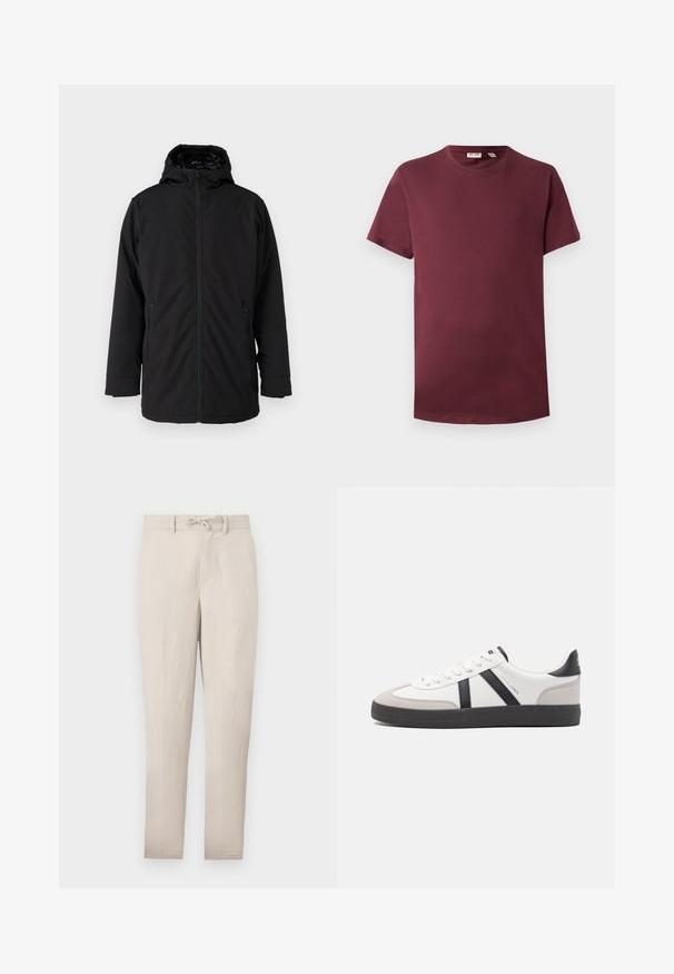 Musta huppari, jossa on edessä vetoketju, kaksi vetoketjullista sivutaskua ja sileä, mattapintainen kangas. Sisäpinta on vuorattu.; Burgundy crew neck t-paita pehmeästä puuvillasta, lyhyet hihat, klassinen malli, suora helma ilman kuvioita tai varusteita.; Beige kevyet suorat housut, joissa on nauhavyötärö, litteä etuosa ja minimaalinen ryppyisyys. Varustettu vyölenkeillä ja sivutaskuilla.; Valkoiset lenkkarit mustilla ja harmailla yksityiskohdilla, joissa on teksturoitu harmaa kärki, musta kumipohja ja litteät valkoiset nauhat. Siisti muotoilu, minimalistinen tyyli.