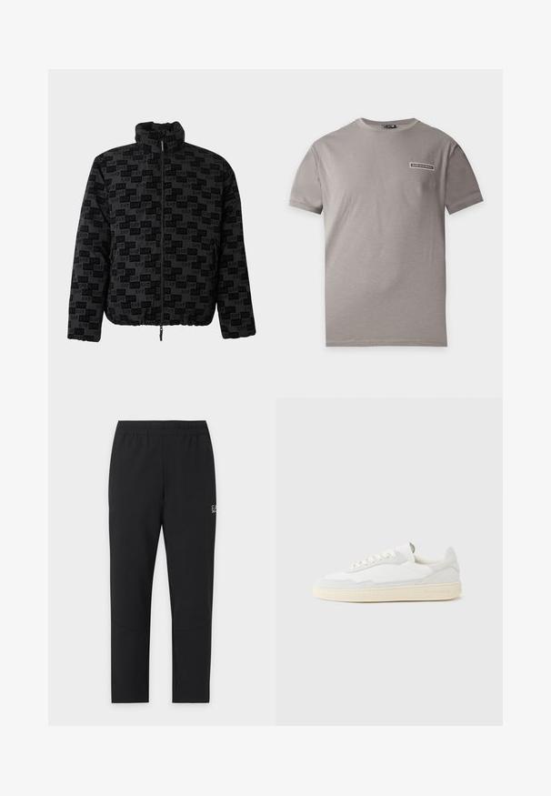 Veste noire zippée avec col montant, ourlet élastique et motif répétitif du logo EA7 sur le tissu.; T-shirt gris uni à manches courtes avec col ras du cou, avec un petit logo rectangulaire EA7 Emporio Armani sur le côté gauche de la poitrine.; Pantalon de sport noir fuselé avec taille élastique et petit logo blanc "EA7 Emporio Armani" sur la partie supérieure de la cuisse.; Baskets blanches avec dessus en daim et cuir texturé. Caractérisées par un bout arrondi, une fermeture à lacets et une semelle en caoutchouc beige contrastante.