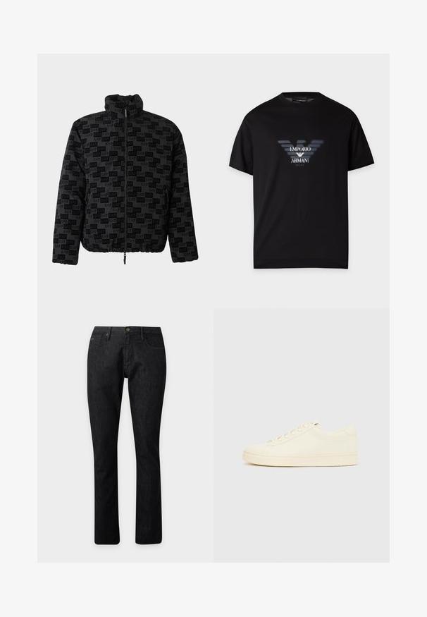 Veste noire zippée avec col montant, ourlet élastique et motif répétitif du logo EA7 sur le tissu.; T-shirt noir à manches courtes avec un logo Emporio Armani flou et le texte "MILANO" imprimé au centre devant.; Jean droit en denim noir avec fermeture avant par bouton et zip, passants de ceinture et design à cinq poches.; Baskets couleur crème avec une tige en cuir lisse, bout arrondi, laçage à l'avant et semelle en caoutchouc texturée. Design minimaliste, sans logo.