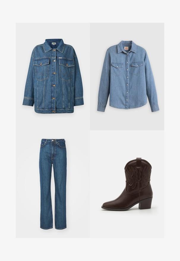 Veste en denim bleu avec fermeture à boutons, deux poches poitrine à rabat, poches latérales et détails de couture contrastés.; Chemise en denim bleu clair à manches longues, boutonnée à l'avant, avec deux poches poitrine et un col classique. Texture lisse et coupe décontractée.; Jean en denim bleu avec une coupe droite, doté d'une fermeture par bouton, de passants pour ceinture et de plusieurs détails de poches. Texture subtile.; Bottes de cowboy en cuir marron avec des bouts pointus, des motifs d'ailes gaufrés, un talon bloc de hauteur intermédiaire et une languette à l'arrière.