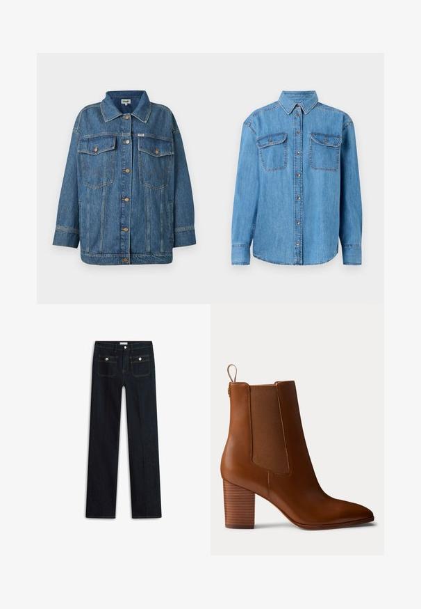 Veste en denim bleu avec fermeture à boutons, deux poches poitrine à rabat, poches latérales et détails de couture contrastés.; Chemise en jean bleu clair à manches longues, avec un devant boutonné, deux poches poitrine et un col classique. Présente des coutures contrastées.; Jean en denim bleu foncé avec une coupe droite, comprenant deux poches avant et des surpiqûres apparentes. Aucun signe d'usure visible.; Bottine en cuir marron avec talon bloc, panneaux latéraux élastiques et languette à l'arrière, vue de profil sur un fond uni.