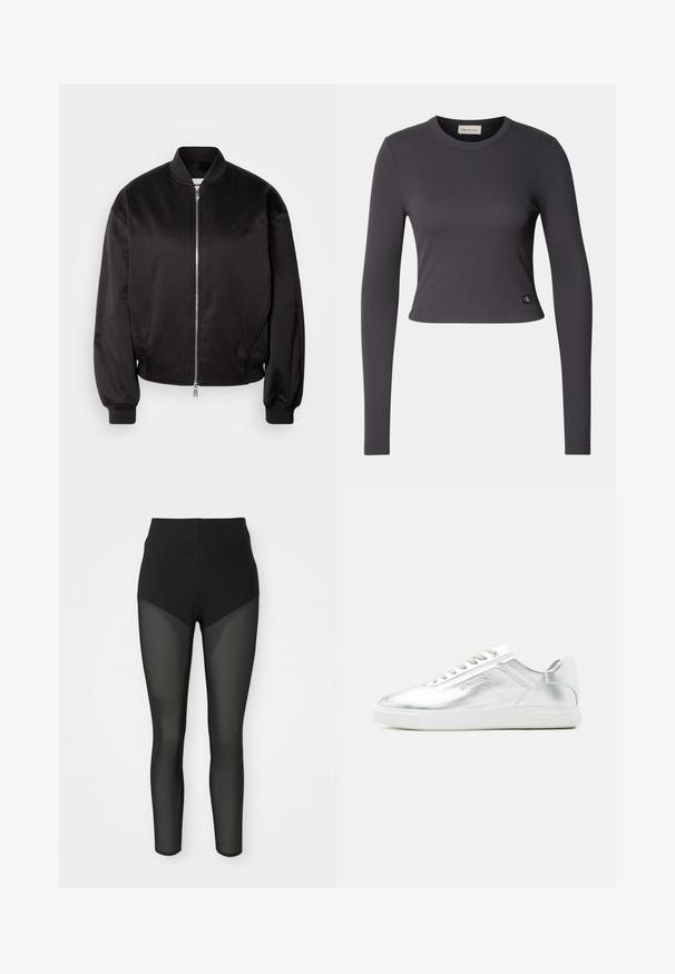 Calvin Klein Jeans Bomberjakke - black; Langærmet, cropped top i mørkegrå ribbet stof med en rund halsudskæring og et lille logo patch nederst. Glat tekstur, tætsiddende design.; Sorte højtaljede leggings med semi-gennemsigtige meshpaneler på forlårene og underbenene, sømløst design, tætsiddende silhuet.; Lavtskåret metallic sølv sneaker med hvid sål og snørebånd, glat tekstur og subtil præget branding på siden.