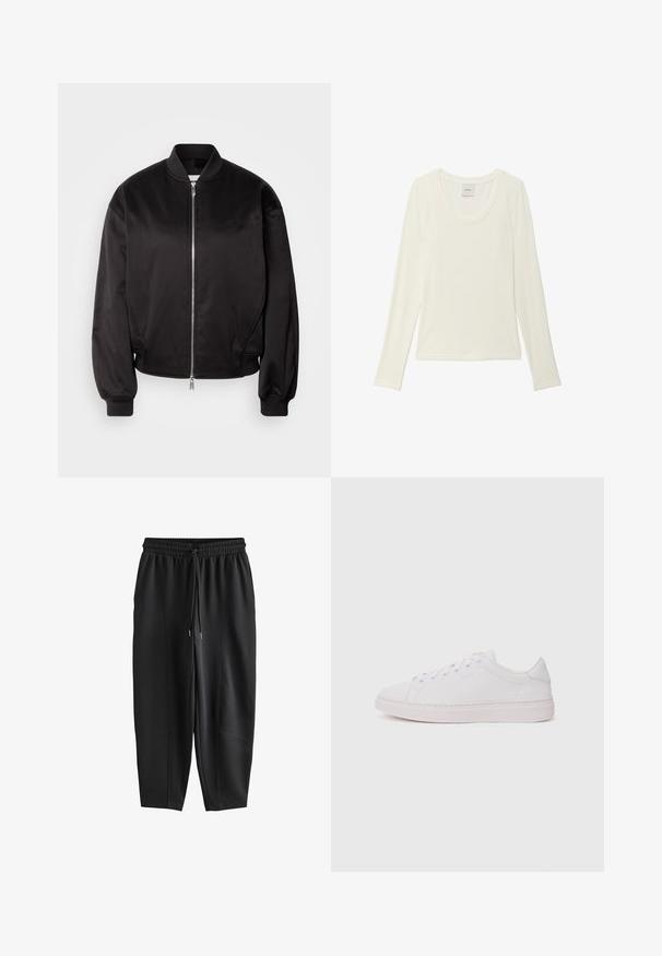 Calvin Klein Jeans Bomberjakke - black; Hvid ribbet langærmet t-shirt med rund hals og et Calvin Klein-mærke indeni halsudskæringen, vist på en helt hvid baggrund.; Sorte sweatpants med taperet pasform, elastisk talje og snøre, med sømdetaljer foran og afslappet pasform.; Hvide sneakers med en glat læderoverdel, rund tå og flad gummisål. Har snørefunktion og et diskret logo på siden.
