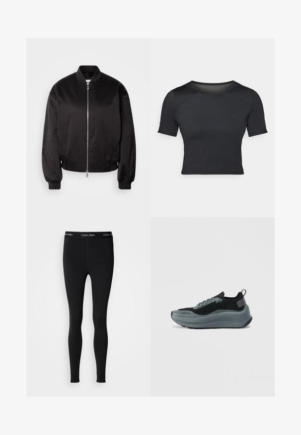 Calvin Klein Jeans Μπουφάν τύπου bomber - black; Μαύρο κοντομάνικο cropped top φτιαγμένο από λείο, ελαστικό ύφασμα με στρογγυλή λαιμόκοψη και διακριτές ραφές στους ώμους.; Μαύρα full-length κολάν Calvin Klein με λωρίδα μέσης με λογότυπο, στενή εφαρμογή και λεία υφή, εμφανιζόμενα σε απλό φόντο.; Μαύρο και γκρι αθλητικό παπούτσι με πλεκτό πάνω μέρος, παχύ αφρώδες ενδιάμεσο πέλμα και πίσω λοξό τμήμα. Διαθέτει κορδόνια και υφασμένο καουτσούκ στη σόλα.