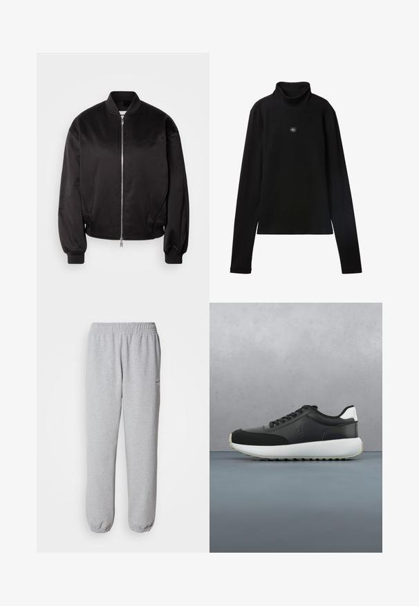 Calvin Klein Jeans Bomberjakke - black; Sort ribstrikket bluse med lange ærmer og lille firkantet Calvin Klein-logo placeret centralt på brystet.; Grå sweatpants lavet af blødt, tekstureret stof. Elastisk talje og manchetter, med et lille logo på venstre side.; Sorte og grå sneakers lavet af læder og syntetiske materialer, med en hvid hæl, tyk sål og struktureret overpanel med snørebånd.