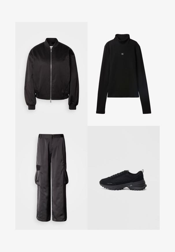 Calvin Klein Jeans Bomberjakke - black; Sort ribstrikket bluse med lange ærmer og lille firkantet Calvin Klein-logo placeret centralt på brystet.; Sorte cargobukser lavet af glat stof, med vide ben, store sidelommer og en flad taljekant med detaljer.; Sorte atletiske sko med mesh-overdel, suedette detaljer, snørelukning og en tekstureret chunky sål for trækkraft. "Calvin Klein" logoet er synligt.