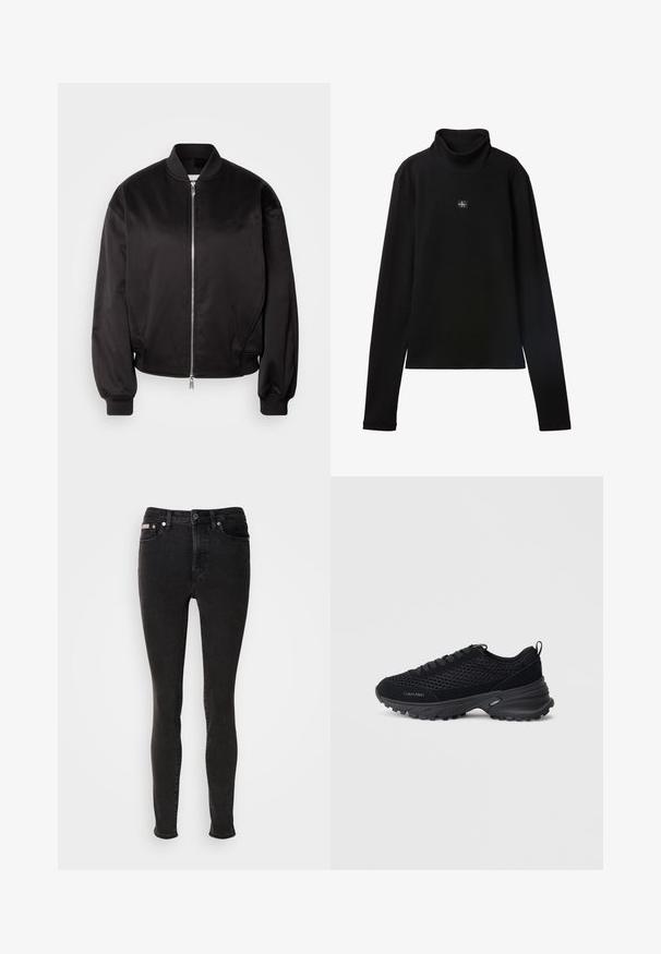 Calvin Klein Jeans Bomberjakke - black; Sort ribstrikket bluse med lange ærmer og lille firkantet Calvin Klein-logo placeret centralt på brystet.; Sorte skinny jeans lavet af denim med en glat tekstur, der har fem-lomme-design, bæltestropper og lukning med metalknap.; Sorte atletiske sko med mesh-overdel, suedette detaljer, snørelukning og en tekstureret chunky sål for trækkraft. "Calvin Klein" logoet er synligt.