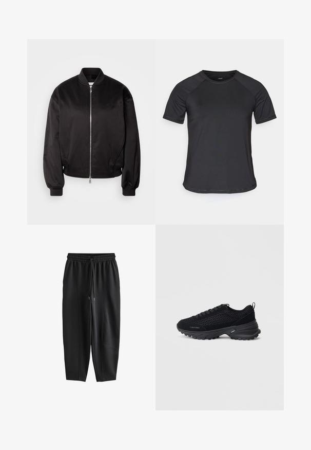 Calvin Klein Jeans Bomberjakke - black; Sort kortærmet atletisk skjorte med raglanærmer, glat tekstur og rund halsudskæring. Har syede sømme og en afslappet pasform.; Sorte sweatpants med taperet pasform, elastisk talje og snøre, med sømdetaljer foran og afslappet pasform.; Sorte atletiske sko med mesh-overdel, suedette detaljer, snørelukning og en tekstureret chunky sål for trækkraft. "Calvin Klein" logoet er synligt.