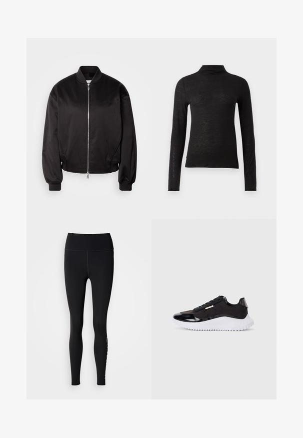 Calvin Klein Jeans Bombertakki - black; Musta pitkähihaisen poolopaita, joka on valmistettu teksturoidusta materiaalista. Se on slim fit -leikkauksella ja minimalistisella muotoilulla ilman näkyviä kuvioita tai varusteita.; Mustat legginsit korkealla vyötäröllä, sileä pinta, kokopitkä muotoilu ja valkoinen logo korostus vasemmassa alareidessä.; Musta urheilukengät, joissa on sileä synteettinen päällinen, valkoinen paksu pohja, teksturoituja yksityiskohtia ja mustat nauhat. Minimalistinen muotoilu, ei näkyviä logoja.
