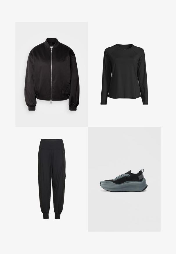 Calvin Klein Jeans Bombertakki - black; Pitkähihainen musta urheilupaita, joka on valmistettu sileästä ja kevyestä kankaasta. Varustettu raglan-hihalla ja pyöreällä kaula-aukolla. Ei näkyviä logoja tai kuvioita.; Musta urheiluhousut, joissa on ribbikuviointi, joustava vyötärö, sivutaskut ja kapenevat lahkeet. Valmistettu kevyestä ja venyvästä materiaalista.; Mustat ja harmaat urheilukengät, joissa on neulottu päällinen, paksu vaahtomuovinen välipohja ja takanauha. Varustettu nauhoilla ja teksturoidulla kumipohjalla.