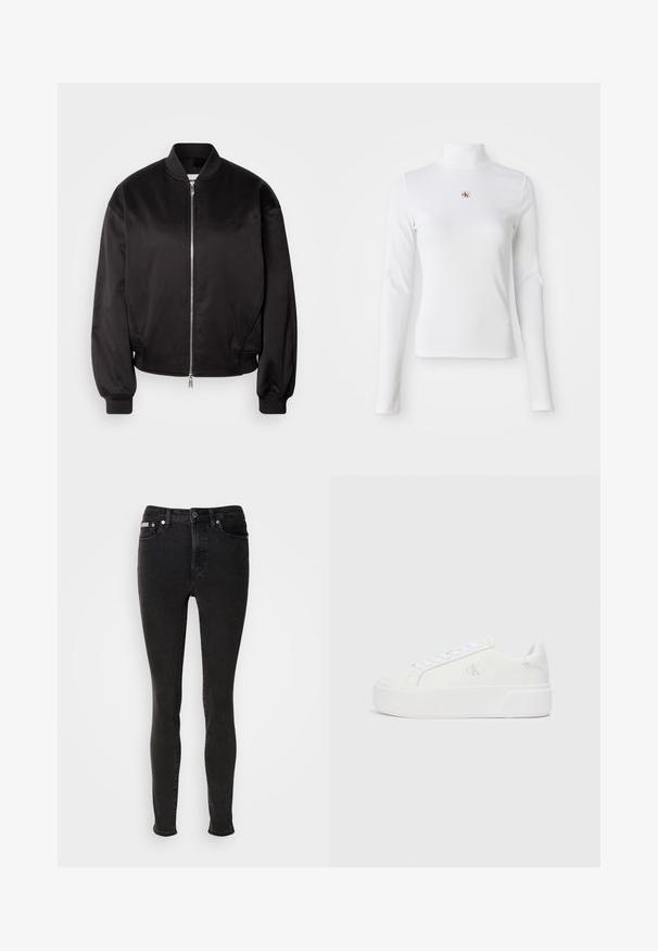 Calvin Klein Jeans Bomberjakke - black; Langærmet, hvid turtleneck-top lavet af ribbet materiale. Har et lille broderet logo i midten. Tæt pasform uden mønstre.; Sorte skinny jeans lavet af denim med en glat tekstur, der har fem-lomme-design, bæltestropper og lukning med metalknap.; Hvide platform sneakers med en glat læderoverdel, rund tå, hvide snørebånd og diskret logo-detalje på siden. Flad gummisål.