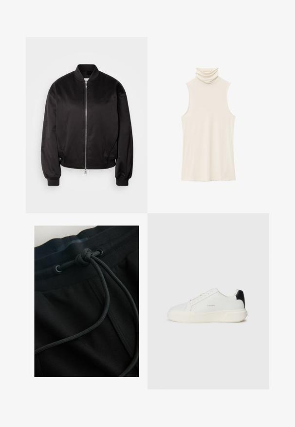 Calvin Klein Jeans Bomberjakke - black; Kremfarvet ærmeløs top med en høj, draperet krave. Lavet af blødt, glat stof med en let, elastisk tekstur og uden pynt.; Sorte joggerbukser med snøre i taljen og tekstureret stof, med fokus på glatte linjer og et minimalistisk design.; Hvid sneakers med en glat læderoverdel, rund tå, snørelukning og en kontrasterende sort hælaccentside. Har en tekstureret gummisål.
