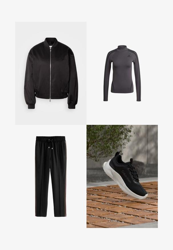 Calvin Klein Jeans Bomberjakke - black; Grå langærmet top med høj krave, der har tekstureret stof og sorte accentstriber på skuldrene, med et Adidas-logo på brystet.; Next PETITE - Træningsbukser - black; Sort atletiksko med en glat overflade, hvid sål og tonet logodetalje. Har snørebånd og en bageste trækflig. Svæver over træfliser.