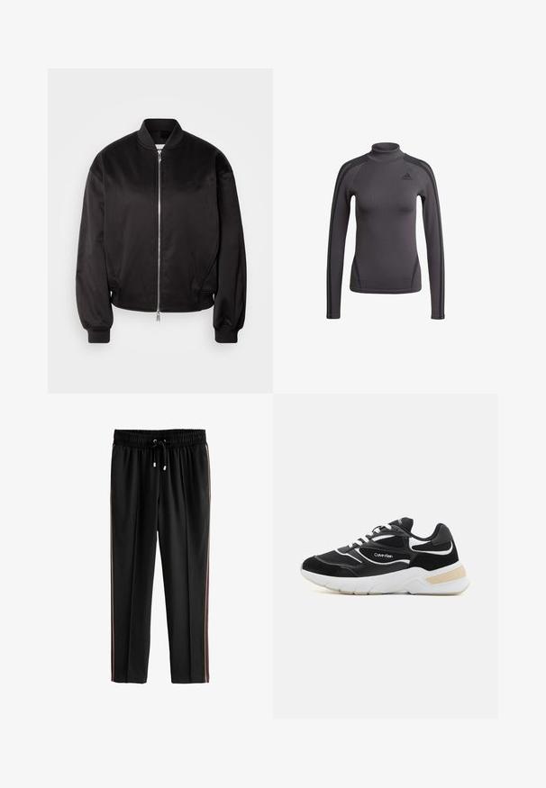 Calvin Klein Jeans Bomberjakke - black; Grå langærmet top med høj krave, der har tekstureret stof og sorte accentstriber på skuldrene, med et Adidas-logo på brystet.; Next PETITE - Træningsbukser - black; Sort atletisk sneakers lavet af mesh og suede-materialer, med hvide accenter, en tyk sål og et Calvin Klein-logo på siden.