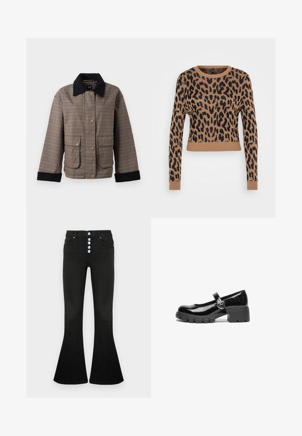 Karierte Jacke in braunen und schwarzen Farbtönen, mit Kragen und vier Fronttaschen mit goldenen Knöpfen, aus strukturiertem Stoff.; Leopardenmuster langärmliger Strickpullover in Braun und Schwarz, mit einem verkürzten Saum und gerippten Bündchen. Weiche Textur und lockere Passform.; Schwarze Schlagjeans mit hohem Bund, fünf Knöpfen am Verschluss, weicher Denim-Textur und dezenten Nahtdetails an Taschen und Nähten.; Schwarzer lackleder Mary Jane Schuh mit einem klobigen Absatz, runder Spitzenform und einem Riemen mit einer herzförmigen Schnalle.