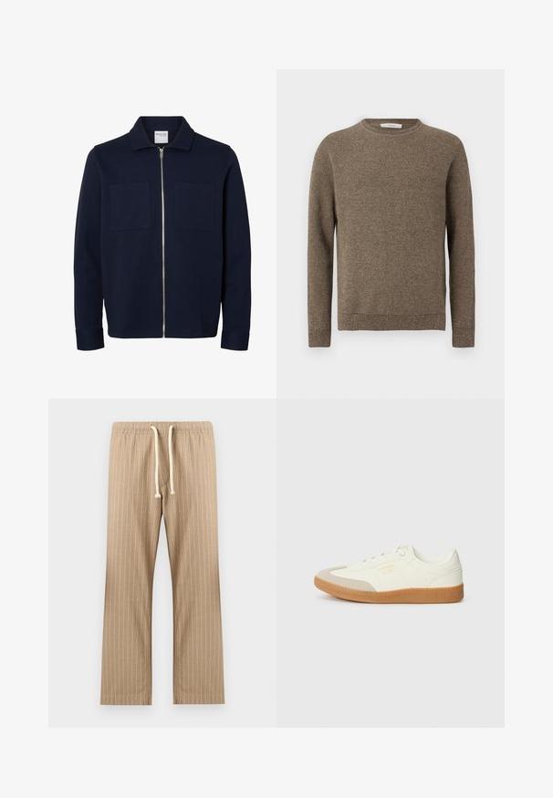 Chaqueta azul marino de manga larga con cuello, cremallera frontal y dos bolsillos parche en el pecho.; Suéter de punto texturizado en marrón, de manga larga, con cuello redondo y puños y dobladillo acanalados.; Pantalones ligeros beige con rayas verticales, cinturilla elástica y cordón blanco, corte recto.; Zapatilla de cuero blanca con puntera beige y suela de goma marrón claro. Presenta cordones planos blancos y una marca en relieve en el lateral.