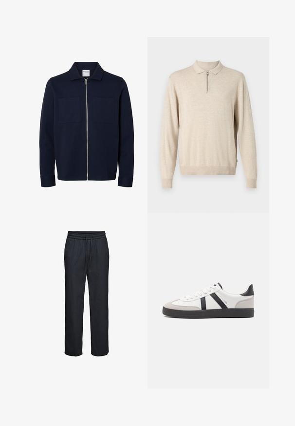 Marineblå jakke med lange ærmer, krave, lynlås foran og to brystlommer.; Beige langermet pullover med krave og lynlås. Lavet af blødt materiale med ribbede manchetter og kant.; Sorte bukser med løs pasform, elastisk talje og snøre, lige ben, lavet af letvægtsstof.; Hvide sneakers med sorte og grå detaljer, med en tekstureret grå tåhætte, sort gummisål og flade hvide snørebånd. Rent design, minimalistisk stil.