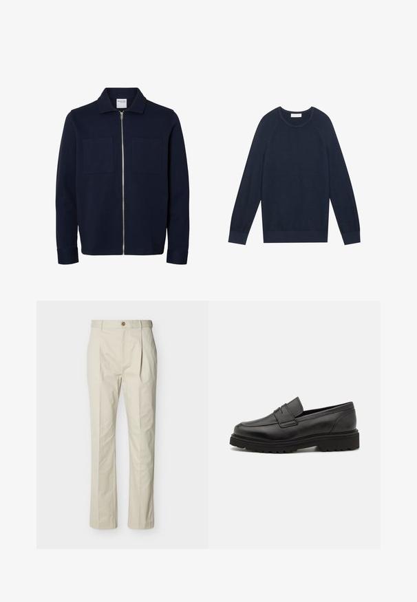 Chaqueta azul marino de manga larga con cuello, cremallera frontal y dos bolsillos parche en el pecho.; Suéter azul marino, tejido ligero, con cuello redondo, puños y dobladillo acanalados, mangas raglán y una textura sutil.; Pantalones beige a medida hechos de algodón, con pliegues, cierre de botón, piernas rectas y textura suave.; Mocasín de cuero negro con punta redonda, detalles de costura y suela gruesa y texturizada. Presenta un diseño elegante y minimalista.
