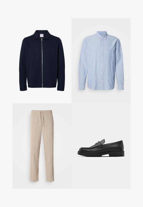 Marineblå jakke med lange ærmer, krave, lynlås foran og to brystlommer.; Lys blå skjorte med hvide striber, som har en klassisk krave og lange ærmer. Fremstillet af vævet stof med en glat tekstur.; Beige, afslappede bukser lavet af blødt materiale, med elastisk talje og snøre samt lige ben med minimale detaljer.; Sorte læder loafers med rund tå, der har et syet design, lav platformssål og en struktureret, skridsikker gummisål.
