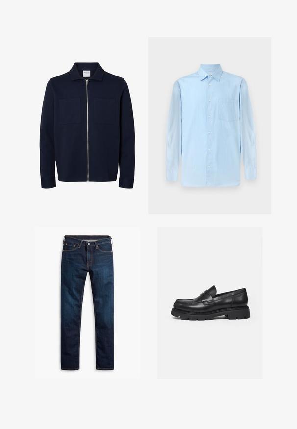 Chaqueta azul marino de manga larga con cuello, cremallera frontal y dos bolsillos parche en el pecho.; Camisa de manga larga de color azul claro con cuello de botón y un solo bolsillo en el pecho, exhibida sobre un fondo neutro.; Vaqueros de mezclilla azul oscuro con un diseño de pierna recta, que cuentan con costuras naranjas, cinco bolsillos y una cinturilla con botón.; Mocasín negro de cuero con suela gruesa y acanalada y detalle de tira para moneda, mostrado en perfil lateral derecho sobre fondo blanco.