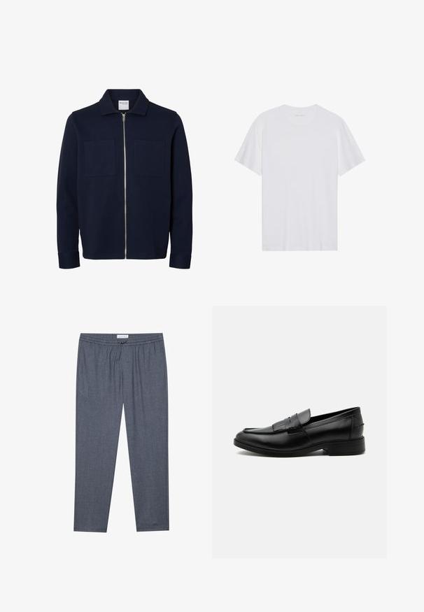 Marineblå jakke med lange ærmer, krave, lynlås foran og to brystlommer.; Hvid bomulds T-shirt med korte ærmer, rund hals og en glat tekstur. Har minimal branding på halsudskæringen.; Grå, lige ben bukser med en snoretræk i taljen og en subtil tekstur. Stoffet ser blødt og behageligt ud, velegnet til afslappet brug.; Sort læder herre loafers med kvast detalje, rundet tå, lav hæl og glat poleret finish, vist fra siden på hvid baggrund.