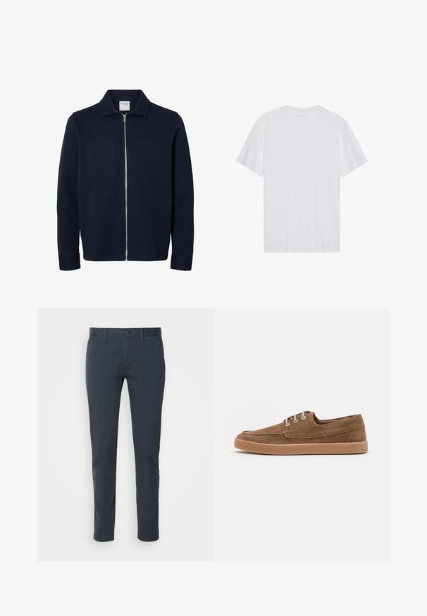 Chaqueta azul marino de manga larga con cuello, cremallera frontal y dos bolsillos parche en el pecho.; Camiseta de algodón blanca con mangas cortas, cuello redondo y una textura suave. Presenta una marca mínima en el escote.; Chinos azul marino hechos de algodón ligero, con un corte recto, cierre de botón y bolsillos delanteros. Textura suave con un mínimo de detalles.; Zapatos casuales de ante marrón con un perfil bajo, diseño de cordones y una suela de goma color beige. Presentan ojales blancos y detalles cosidos a lo largo de los bordes.