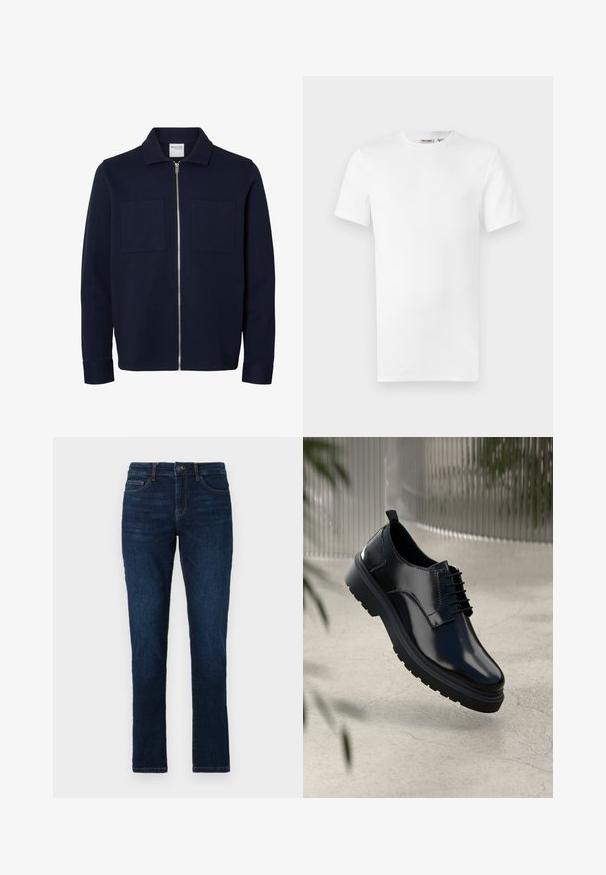 Chaqueta azul marino de manga larga con cuello, cremallera frontal y dos bolsillos parche en el pecho.; Camiseta blanca lisa de manga corta con cuello redondo y una pequeña etiqueta de la marca en el interior del cuello, mostrada sobre un fondo blanco.; Jeans de mezclilla azul oscuro con un corte ajustado, diseño estándar de cinco bolsillos y cierre de botón y cremallera. Textura suave con un desvanecimiento mínimo.; Zapato de cuero negro con un acabado brillante, puntera redonda, diseño de cordones, costuras de contraste y una suela de goma gruesa con patrones de tracción.