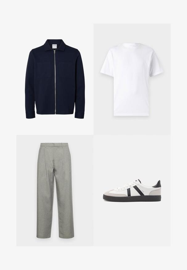 Marineblå jakke med lange ærmer, krave, lynlås foran og to brystlommer.; Hvid kortærmet t-shirt lavet af bomuld med rund hals, der har en glat tekstur og et simpelt design uden mønstre eller accenter.; Grå skræddersyede bukser lavet af struktureret stof, med lige ben-design, frontfolder og en standard talje med bæltesløjfer.; Hvide sneakers med sorte og grå detaljer, med en tekstureret grå tåhætte, sort gummisål og flade hvide snørebånd. Rent design, minimalistisk stil.