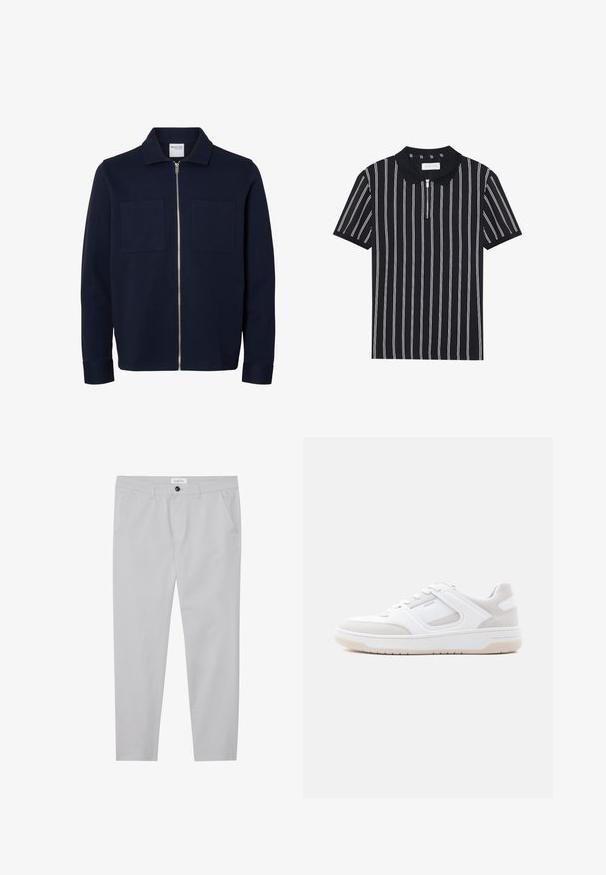 Chaqueta azul marino de manga larga con cuello, cremallera frontal y dos bolsillos parche en el pecho.; Polo negro con rayas verticales blancas, de manga corta y cuello con cremallera. Hecho de tela suave, presenta un diseño limpio y estructurado.; Pantalones gris claro confeccionados en una tela suave, con corte slim, dos bolsillos frontales, cierre de botón y sutil detalle de textura.; Zapatilla de perfil bajo en blanco y beige claro con cierre de cordones, cuello acolchado y suela de goma sobre un fondo claro y liso.