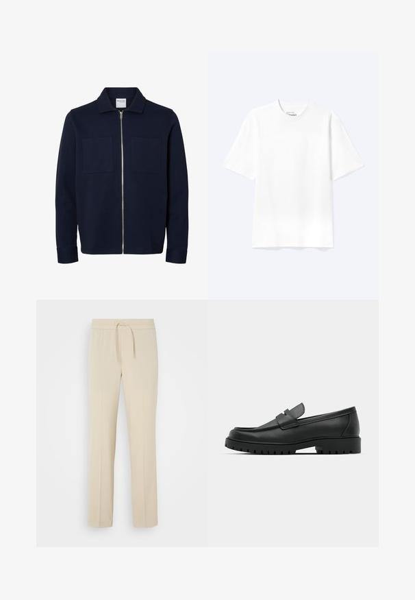 Marineblauwe lange mouwen jas met een kraag, ritssluiting aan de voorkant en twee borstzakken.; Effen witte T-shirt met korte mouwen en ronde hals, met een losse pasvorm, weergegeven op een lichte achtergrond.; Beige, elastische broek met een trekkoord in de taille. Heeft rechte pijpen en een zachte textuur, geschikt voor casual wear of loungen.; Zwarte leren instappers met een ronde neus, voorzien van een gestikt ontwerp, een lage platformzool en een gestructureerde, grof rubberen buitenzool.