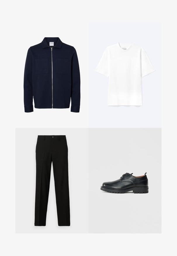Marineblauwe lange mouwen jas met een kraag, ritssluiting aan de voorkant en twee borstzakken.; Effen witte T-shirt met korte mouwen en ronde hals, met een losse pasvorm, weergegeven op een lichte achtergrond.; Zwarte broek van gladde stof, met een rechte snit, een knoopsluiting aan de taille en geen zichtbare patronen of accenten.; Zwarte leren derby schoenen met een gladde textuur, ronde neus, vetersluiting en een dikke, robuuste rubberen zool.
