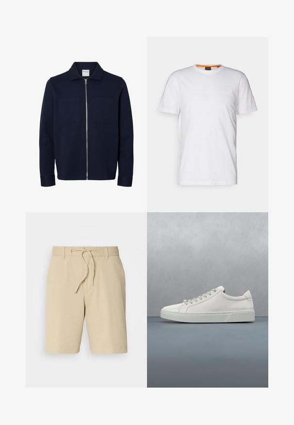 Marineblaue langärmelige Jacke mit Kragen, Frontreißverschluss und zwei Brusttaschen.; Weißes Baumwoll-T-Shirt mit Rundhalsausschnitt, kurzen Ärmeln und einem dezenten geprägten Logo auf der Brust. Das Innenschild hat einen orangefarbenen Akzent.; Beige Shorts aus strukturiertem Stoff, mit einem elastischen Bund und einer Kordelzug sowie seitlichen Taschen für Funktionalität.; Weißes Leder-Sneaker mit abgerundetem Zehenbereich, minimalistisches Design, graue Schnürsenkel und einer strukturierten grauen Gummisohle. Dezente Nähte sichtbar.