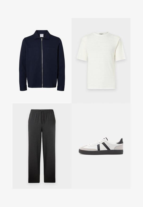 Marineblå jakke med lange ærmer, krave, lynlås foran og to brystlommer.; Hvid kortærmet T-shirt lavet af tekstureret stof med et subtilt vandret mønster. Rund hals design, afslappet pasform.; Sorte bukser med elastisk talje og snorelukning. Lavet af blødt stof, de har en lige ben-snit og minimal tekstur. Ingen synlige lommer.; Hvide sneakers med sorte og grå detaljer, med en tekstureret grå tåhætte, sort gummisål og flade hvide snørebånd. Rent design, minimalistisk stil.