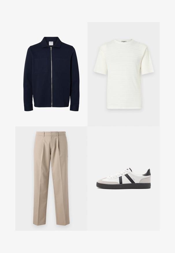 Marineblauwe lange mouwen jas met een kraag, ritssluiting aan de voorkant en twee borstzakken.; Witte T-shirt met korte mouwen, gemaakt van textuurstof met een subtiel horizontaal patroon. Ronde halsontwerp, losse pasvorm.; Beige, op maat gemaakte broek met riemlussen, voorplooien en rechte pijpen, weergegeven tegen een witte achtergrond.; Witte sneaker met zwarte en grijze accenten, voorzien van een grijze neus met textuur, zwarte rubberen zool en platte witte veters. Schoon ontwerp, minimalistische stijl.