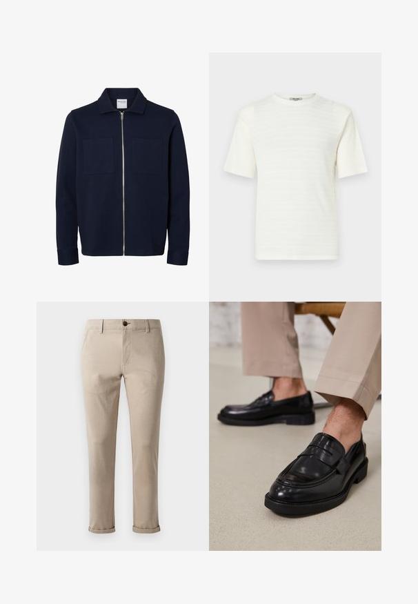 Marineblå jakke med lange ærmer, krave, lynlås foran og to brystlommer.; Hvid kortærmet T-shirt lavet af tekstureret stof med et subtilt vandret mønster. Rund hals design, afslappet pasform.; Jack & Jones JPSTMARCO FURY NOOS - Chino - atmosphere; Sorte lædermokkasiner med en glat overflade, der har en dekorativ rem og kontraststing, parret med beige bukser.