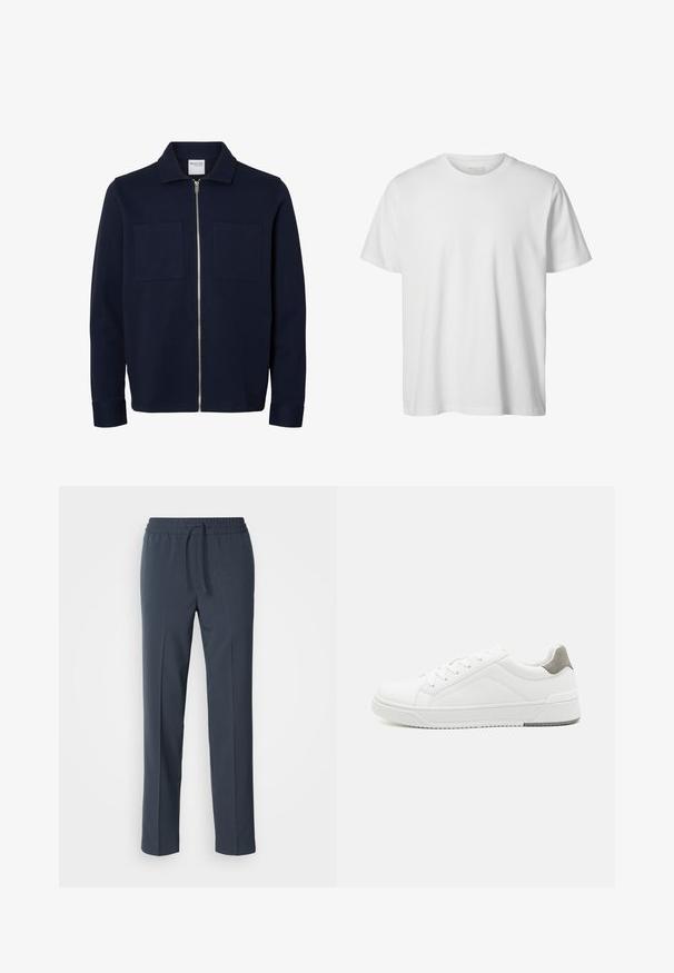 Marineblå jakke med lange ærmer, krave, lynlås foran og to brystlommer.; Enkelt hvid T-shirt med korte ærmer og rund hals, løs pasform og uden synlige logoer eller designs foran.; Marineblå, letvægtsbukser med snoretræk i taljen, lige ben og en glat tekstur. Ingen mønstre eller accenter synlige.; Hvid sneaker lavet af glat læder, rund tå, minimalistisk design, grå hælafsats og tekstureret gummisål.