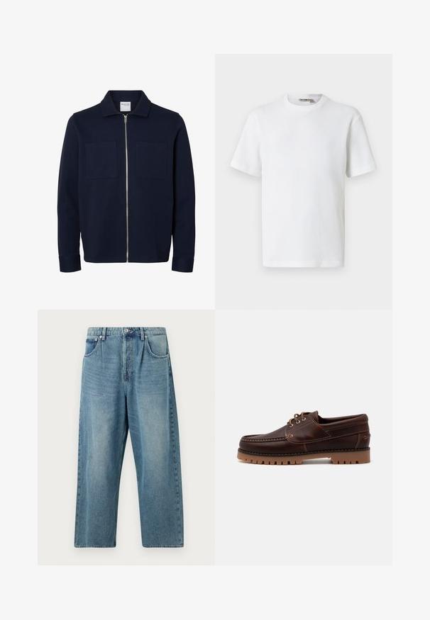 Marineblaue langärmelige Jacke mit Kragen, Frontreißverschluss und zwei Brusttaschen.; Weißes, kurzärmeliges T-Shirt mit Waffelstrick und Rundhalsausschnitt, mit kleinem Markenetikett im Kragen, auf einfarbigem Hintergrund präsentiert.; Helle blaue Jeans mit geradem Bein, die einen Knopfverschluss, zwei frontale Taschen und eine klassische, ausgewaschene Textur aufweisen.; Braune Lederschiffsschuh mit gestickten Details, Schnürdesign und robustem Gummisohle mit strukturierten Stollen für besseren Halt.