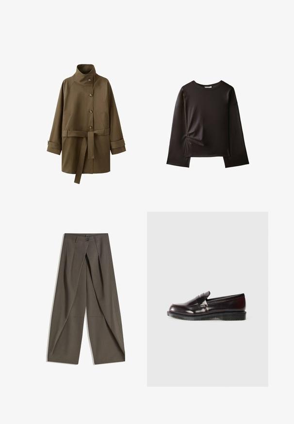 Manteau marron ceinturé avec col montant, fermeture à boutons, deux poches latérales et brides aux poignets des manches longues.; Chemise noire à manches longues avec un col rond et un petit détail froncé sur le côté gauche près de la taille.; Pantalons à jambes larges en tissu texturé gris foncé. Présente un pli avant, une fermeture par bouton et des poches latérales pour plus de praticité.; Mocassins en cuir bordeaux avec une surface lisse, un détail de couture surélevé et une semelle en caoutchouc. Conçus avec un bout arrondi et un matériel minimal.