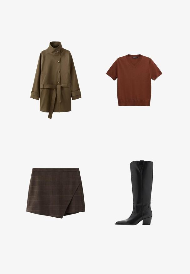 Manteau marron ceinturé avec col montant, fermeture à boutons, deux poches latérales et brides aux poignets des manches longues.; Pull marron à manches courtes avec col en V, ourlet et col côtelés, posé à plat sur un fond blanc.; Jupe portefeuille à carreaux marron avec un design structuré, une ceinture insérée et un ourlet légèrement incliné, en tissu texturé.; Botte haute en cuir noir avec bout pointu et talon médian incliné, avec une languette de tirage en haut de la tige.