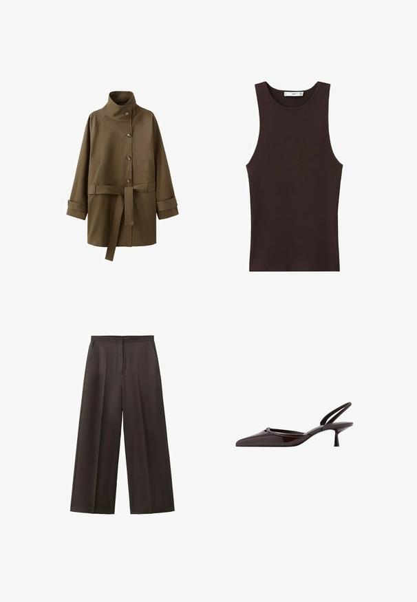 Manteau marron ceinturé avec col montant, fermeture à boutons, deux poches latérales et brides aux poignets des manches longues.; Débardeur côtelé sans manches de couleur brun foncé avec encolure ronde, coupe ajustée, et petite étiquette de marque à l'intérieur du col.; Pantalon noir à jambes larges avec taille haute, plis avant et poches latérales, conçu pour une tenue formelle ou professionnelle.; Escarpin slingback en cuir verni marron foncé avec bout pointu et petit talon kitten sur fond blanc.