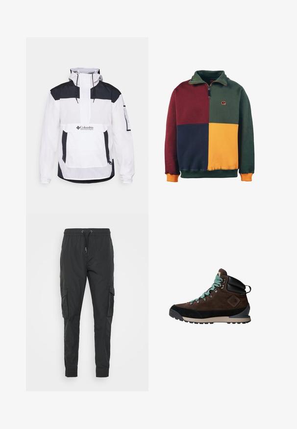 Veste Columbia blanche et noire avec capuche, fermeture éclair moitié sur le devant, poche avant et manches élastiques. Fabriquée en matériau léger.; Sweatshirt coloré en blocs présentant des sections vertes, bourgognes, bleu marine et moutarde. Design avec col zippé et logo d'éléphant sur la poitrine. Texture douce.; Pantalons cargo noirs en tissu léger, dotés d'une taille à cordons de serrage ajustable, de poignets élastiques et de deux poches latérales.; Botte de randonnée brune avec une tige en daim, accents noirs et lacets turquoise. Dotée d'une semelle robuste et d'un soutien de cheville renforcé.