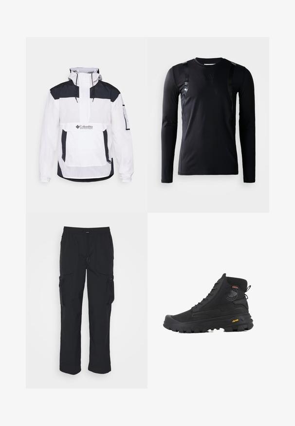 Veste Columbia blanche et noire avec capuche, fermeture éclair moitié sur le devant, poche avant et manches élastiques. Fabriquée en matériau léger.; T-shirt de sport à manches longues noir en tissu lisse et extensible. Présente des accents noirs brillants sur les épaules et un logo Adidas sur la poitrine.; Pantalons cargo noirs en tissu tissé. Dotés d'une taille réglable, de poches latérales et de deux poches utilitaires avec zips.; Baskets montantes noires avec une surface texturée, dotées d'un design imperméable, d'un système de laçage et d'une semelle en caoutchouc proéminente avec la marque Vibram.