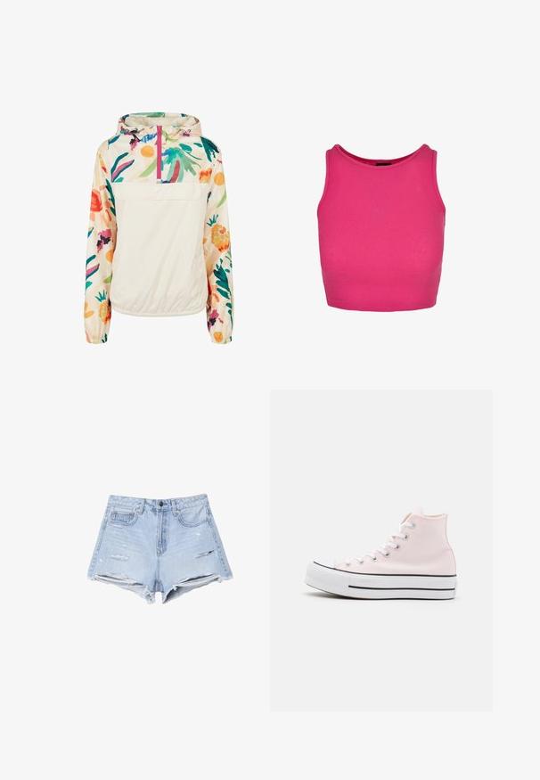 Lichtgewicht anorakjack met een crèmekleurig lijf en levendige bloemmotieven in groen, roze en geel. Heeft een voorzak en verstelbare capuchon.; Fitted mouwloos top in felroze geribbeld stof. Heeft een ronde halslijn en een cropped snit, met gladde stiksels langs de randen.; Lichtblauwe denimshorts met een hoge taille, versleten details, rafelige zoom en een vijf-pocket ontwerp.; Hoge sneakers van lichtroze canvas, met witte veters en zwarte strepen op de witte rubberen zool. Ronde neuscap.