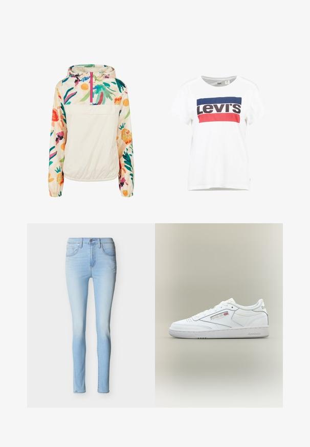 Veste anorak légère avec un corps crème et des motifs floraux vibrants en vert, rose et jaune. Comprend une poche frontale et une capuche ajustable.; T-shirt en coton blanc à manches courtes et col rond, arborant un design central du logo Levi's en bleu, rouge et noir.; Jean slim bleu clair avec bouton à l'avant, fermeture éclair et design à cinq poches sur fond uni.; Baskets basses blanches Reebok avec détails de couture, perforations près des orteils et logo Reebok avec un petit Union Jack sur le côté.
