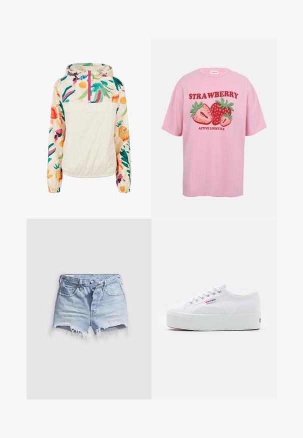 Veste anorak légère avec un corps crème et des motifs floraux vibrants en vert, rose et jaune. Comprend une poche frontale et une capuche ajustable.; T-shirt rose avec texte rouge "STRAWBERRY" et "ACTIVE LIFESTYLE" avec des illustrations de fraises entières et tranchées.; Shorts en denim bleu clair avec bords effilochés, cinq poches et fermeture à boutons. La texture est douce avec un aspect légèrement usé.; Baskets en toile blanches avec une épaisse semelle plateforme blanche, bout rond et œillets en métal pour les lacets. Logo de la marque affiché sur le côté.